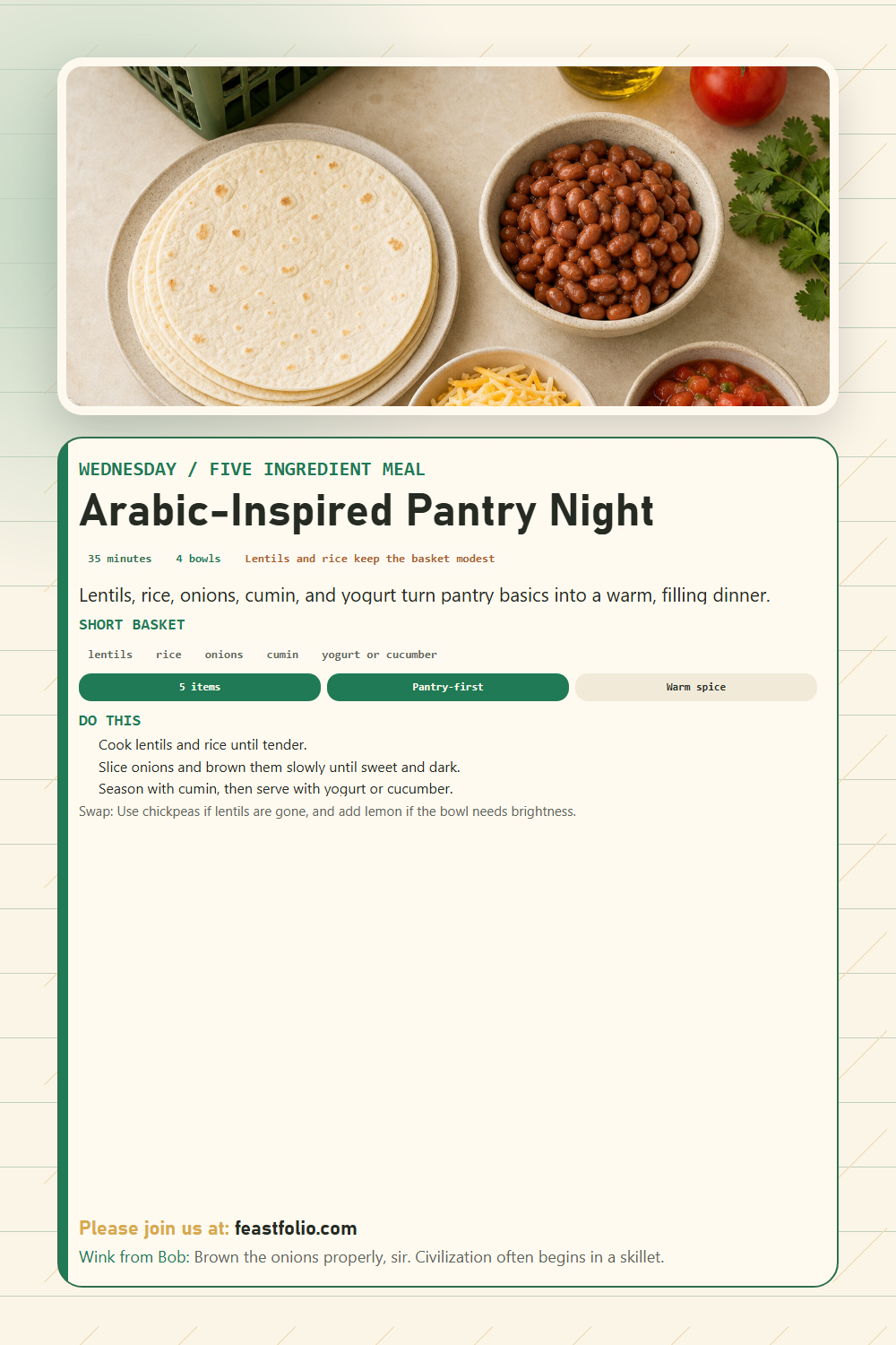 FeastFolio card for an Arabic-inspired mujaddara pantry bowl