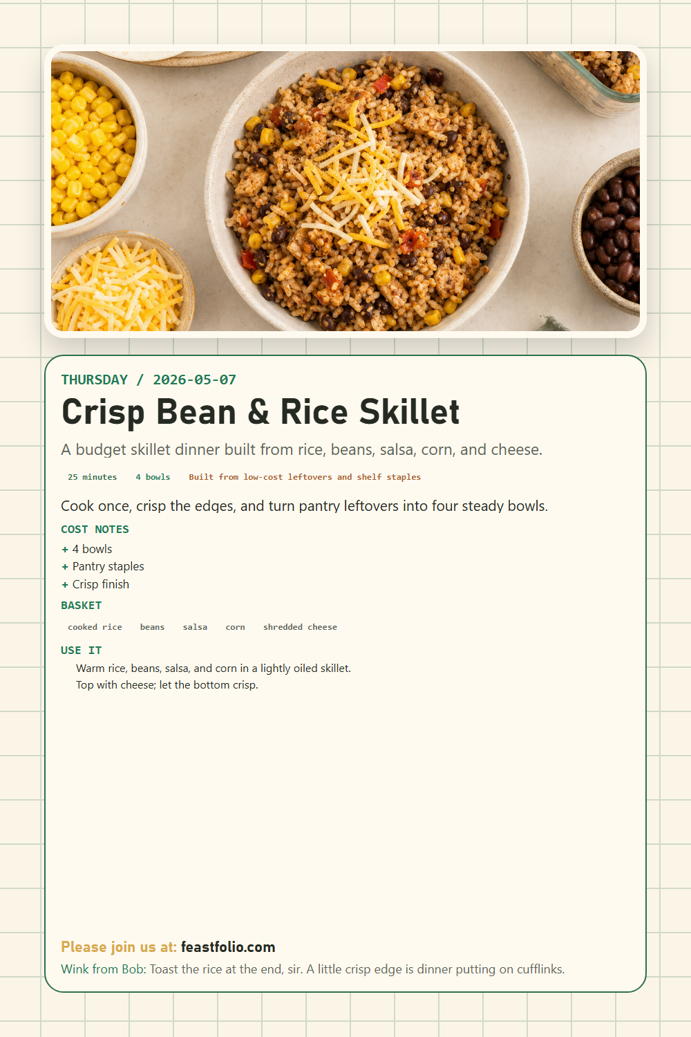 FeastFolio card for a crisp bean and rice skillet meal